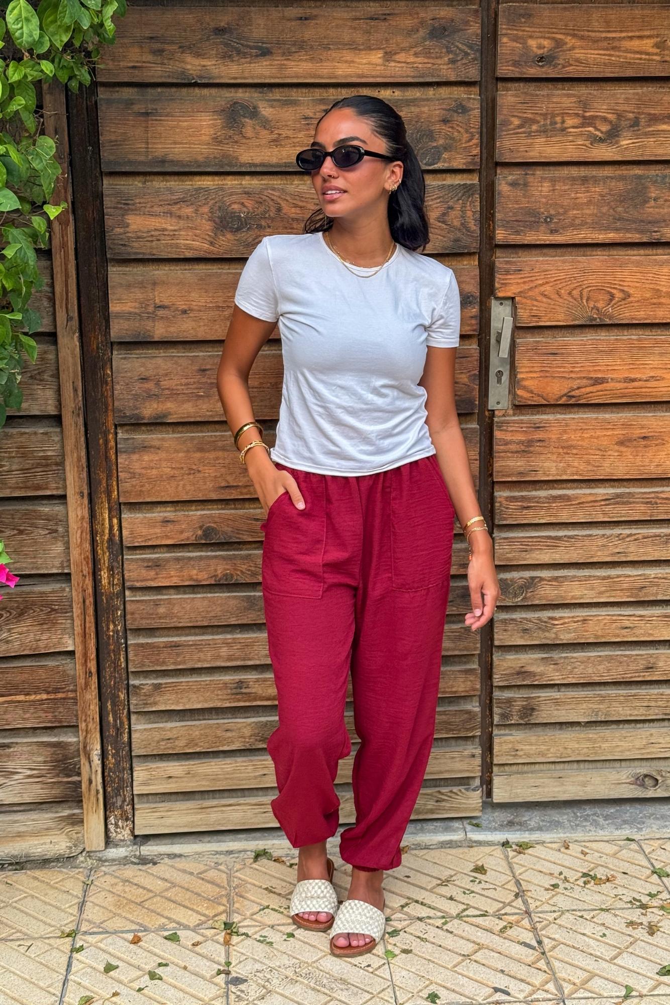 Burgundy Elastic Linen Pants