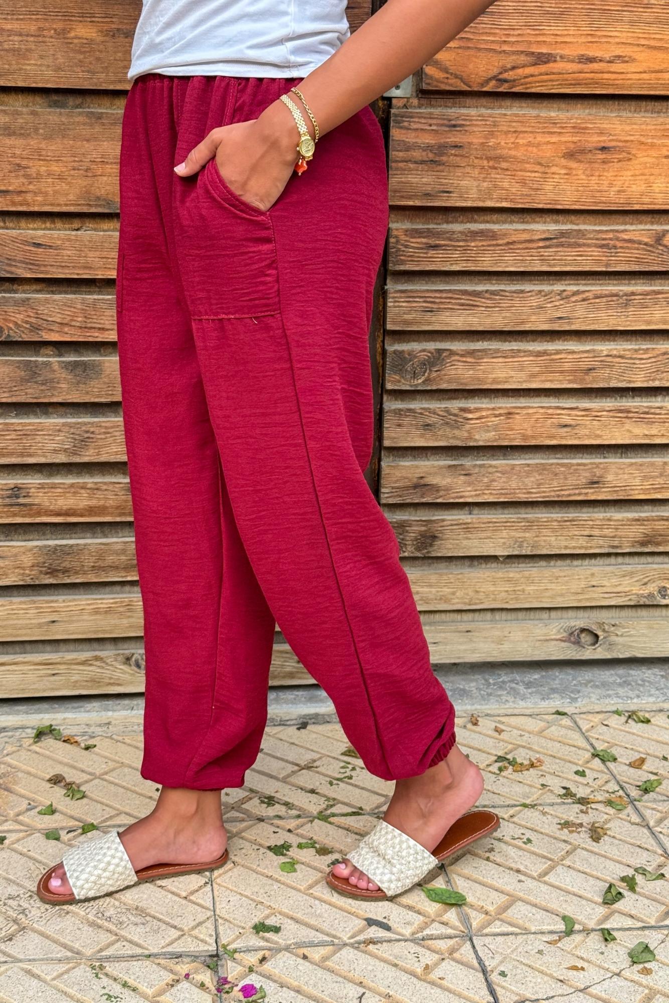 Burgundy Elastic Linen Pants