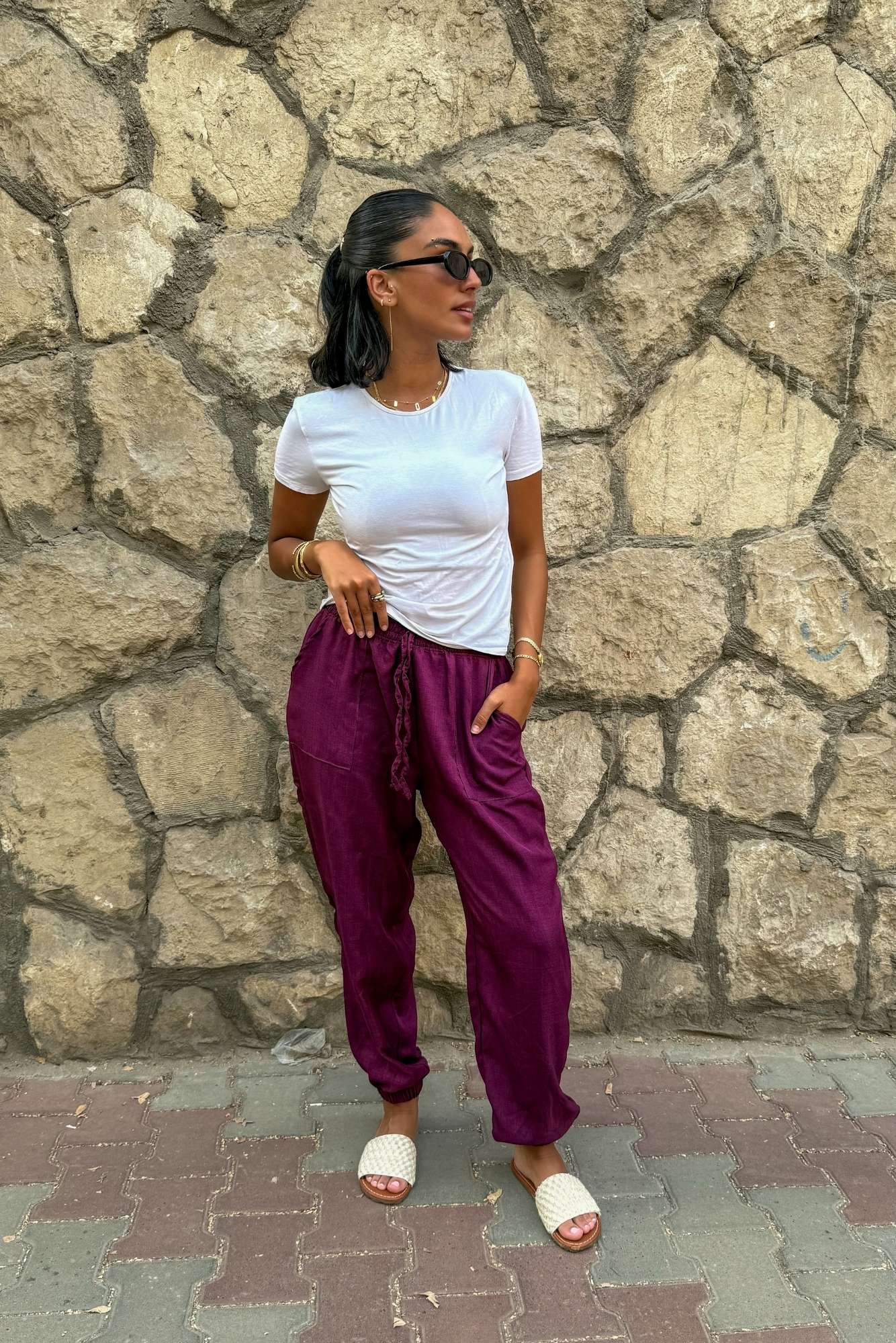 Purple Elastic Linen Pants