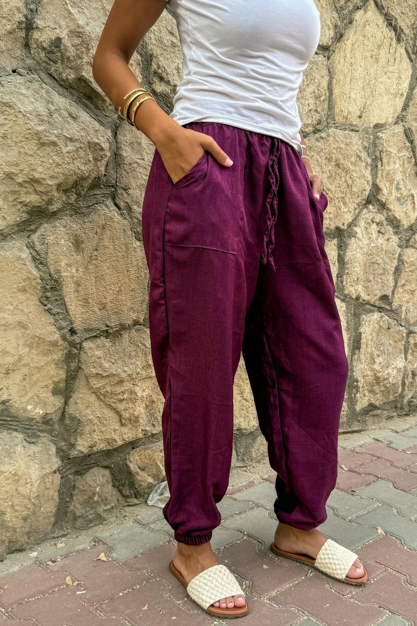 Purple Elastic Linen Pants
