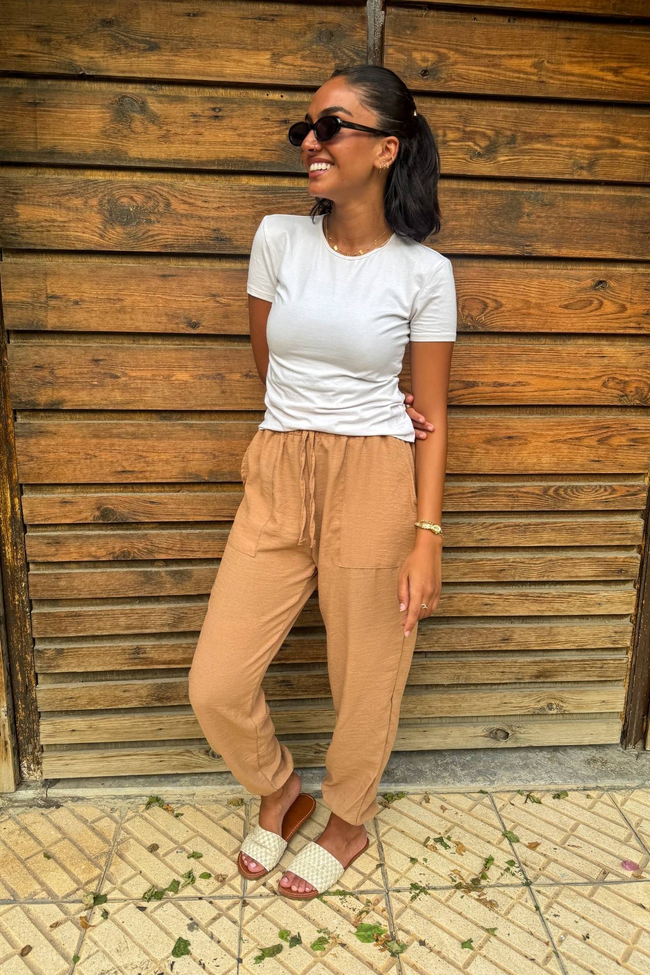 Brown Elastic Linen Pants