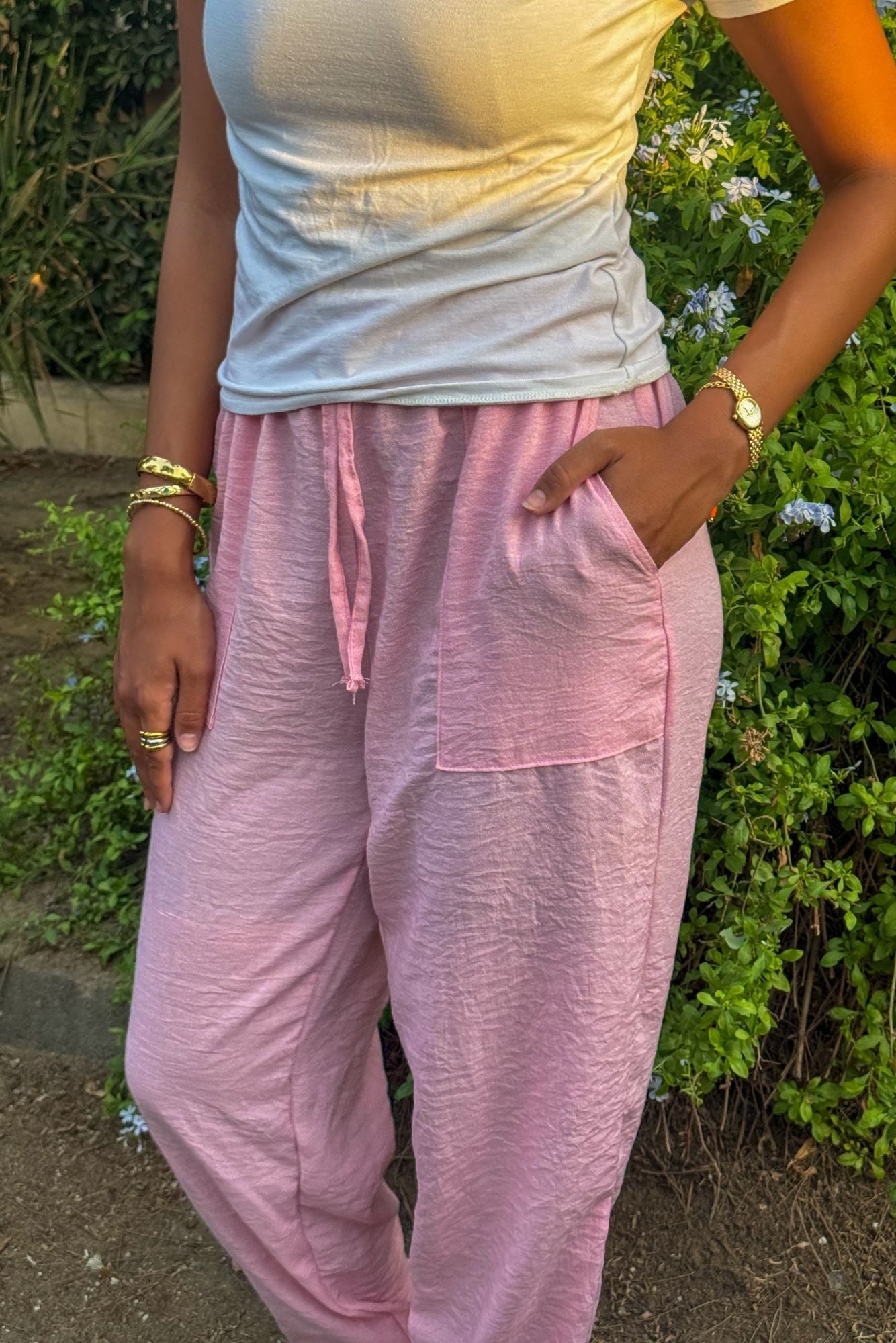Pink Elastic Linen Pants