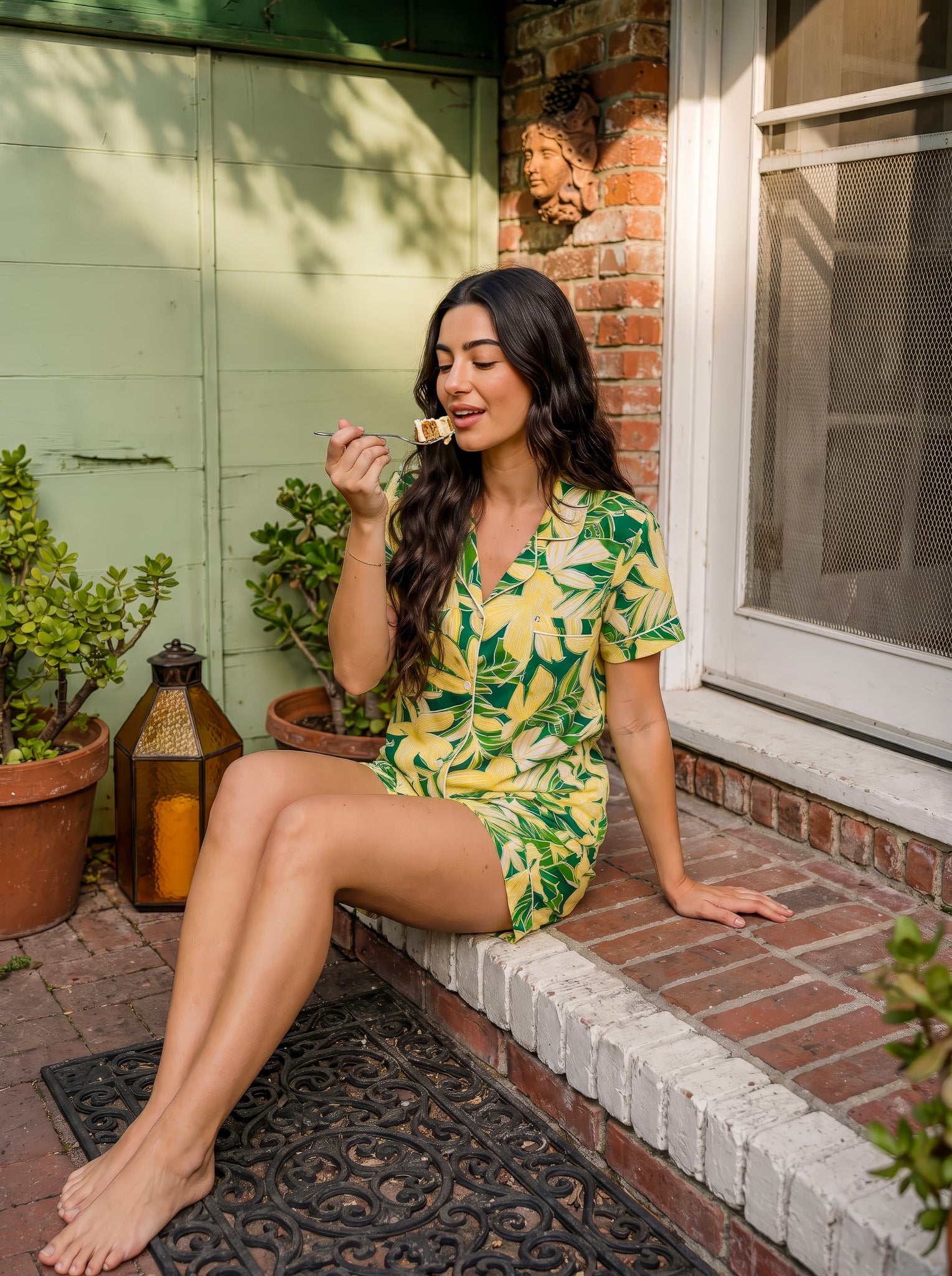 Green Floral Buttoned Pajama Short