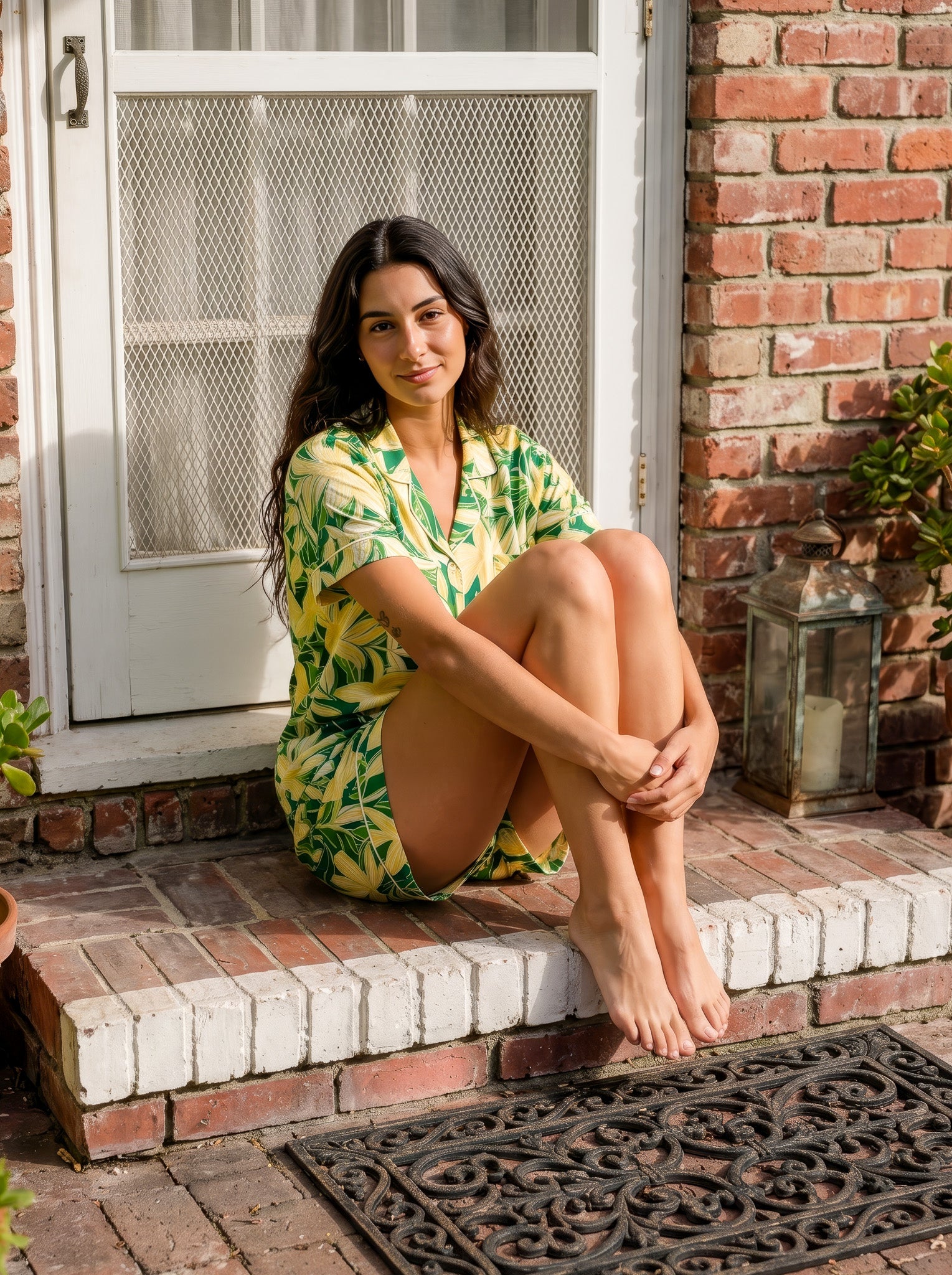 Green Floral Buttoned Pajama Short