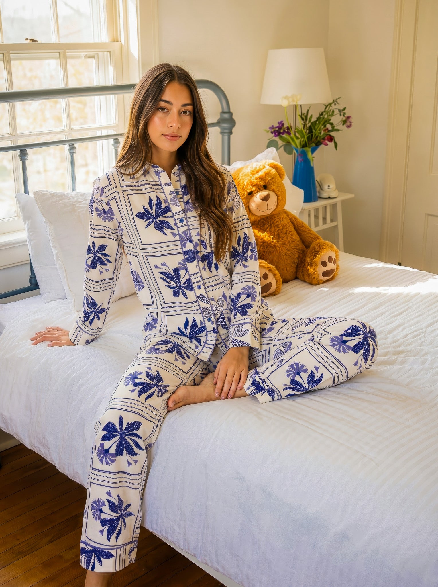 Blue Palm Buttoned Pajama Set