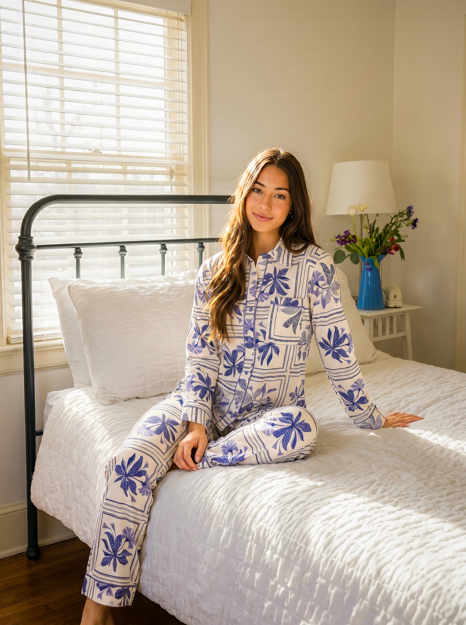 Blue Palm Buttoned Pajama Set