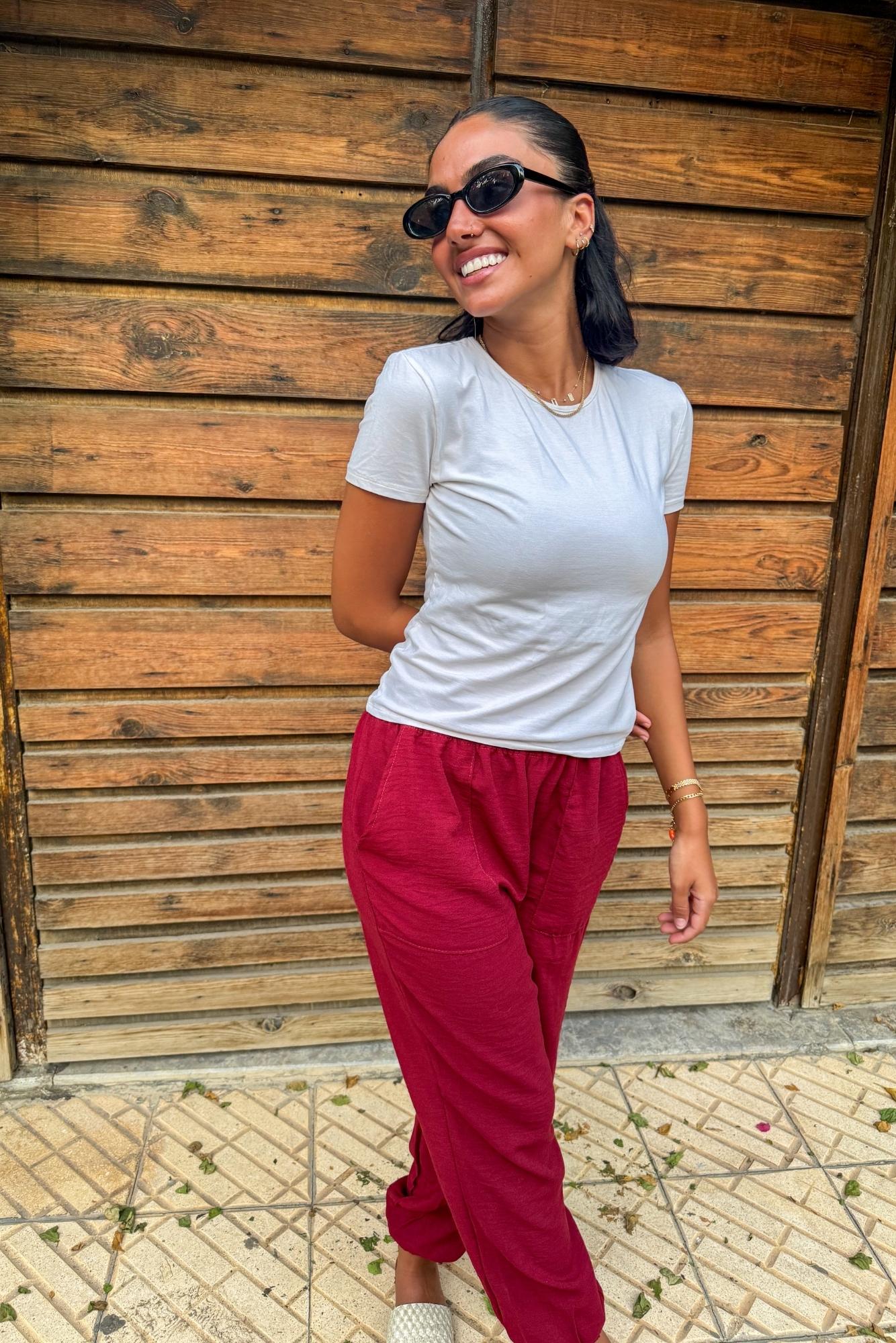 Burgundy Elastic Linen Pants