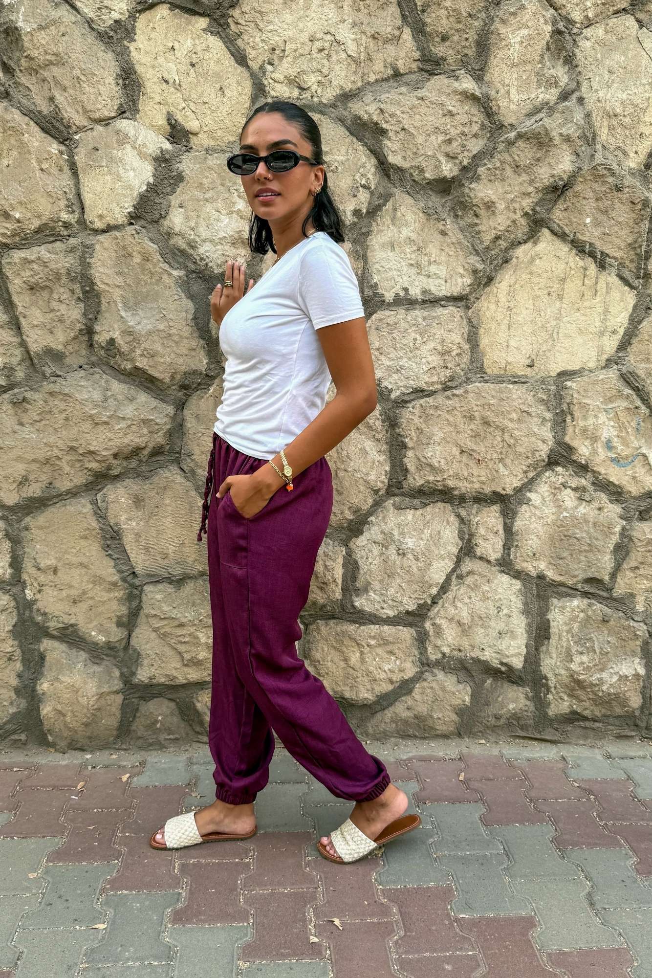 Purple Elastic Linen Pants