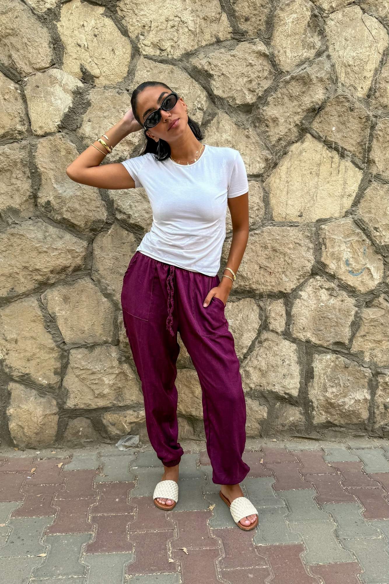 Purple Elastic Linen Pants