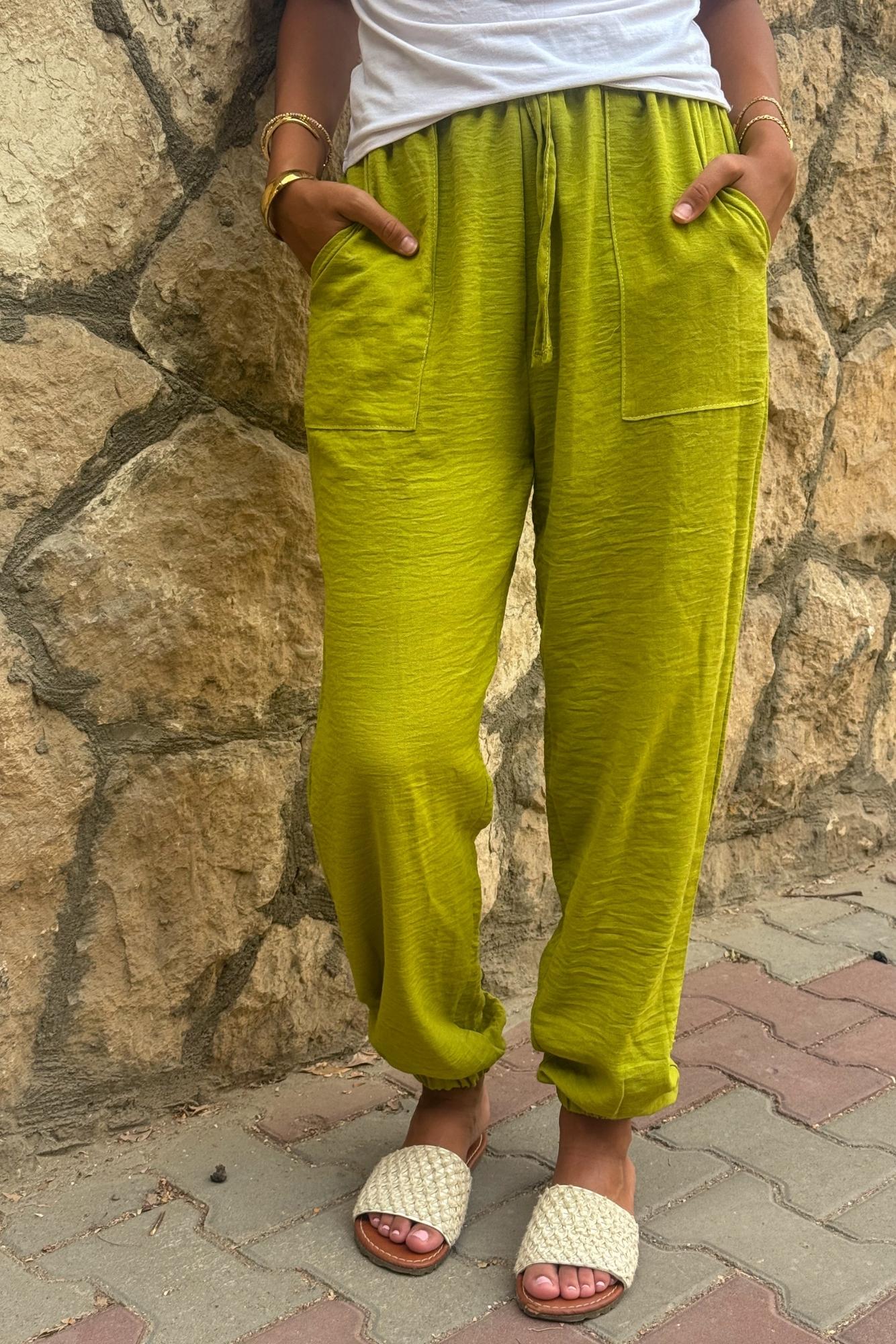 Lemi-Green Elastic Linen Pants