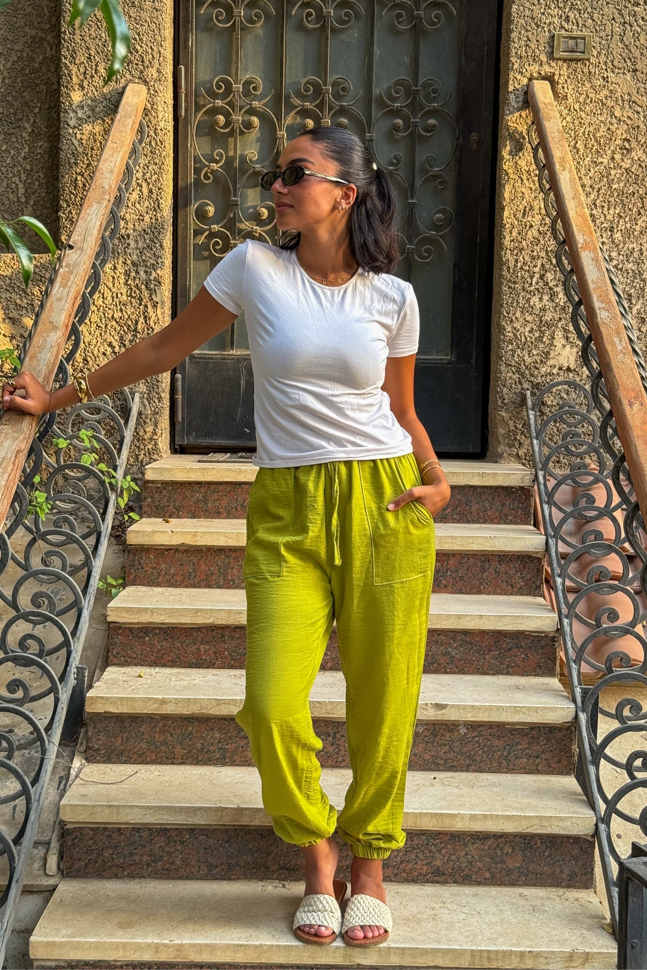 Lemi-Green Elastic Linen Pants