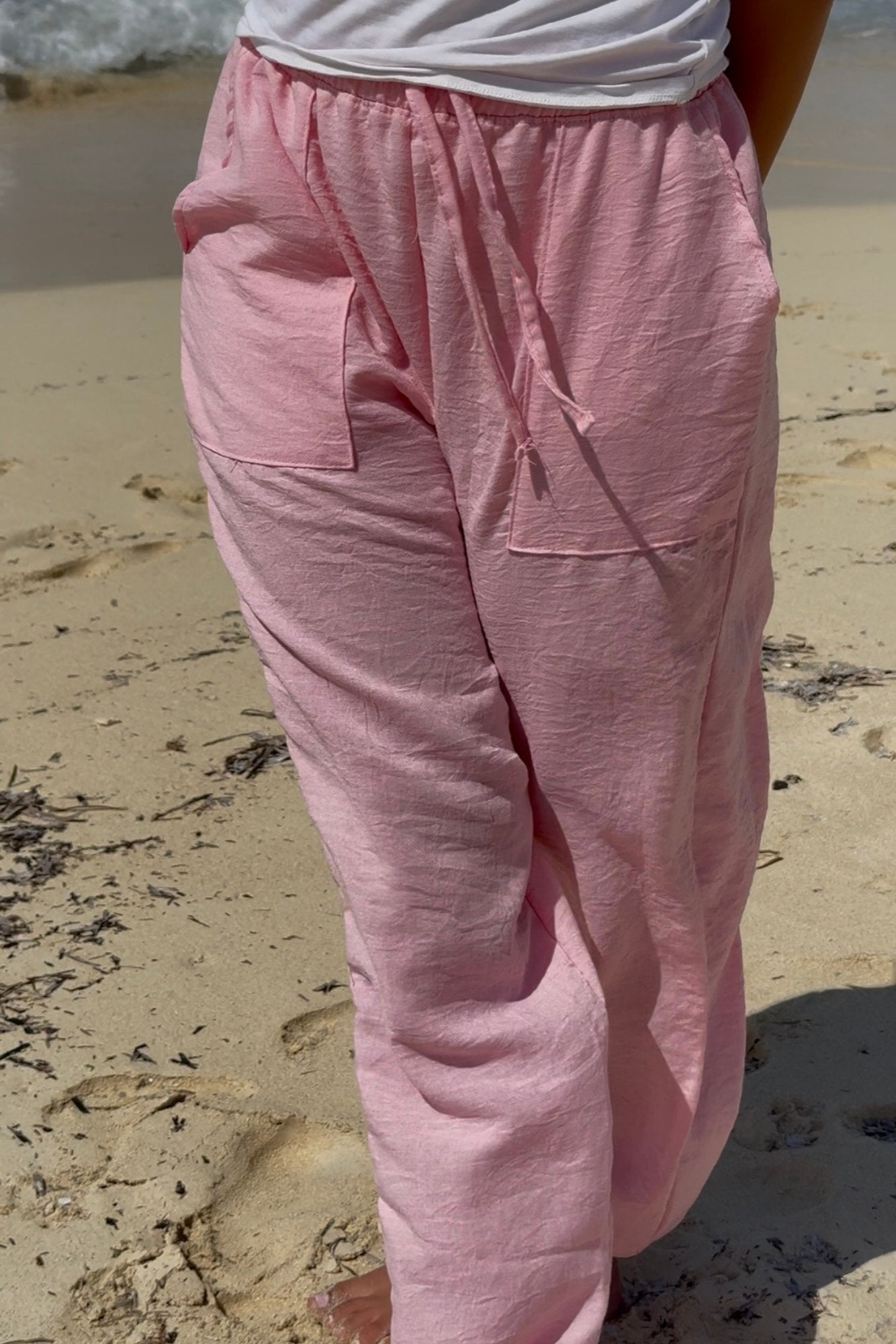 Pink Elastic Linen Pants