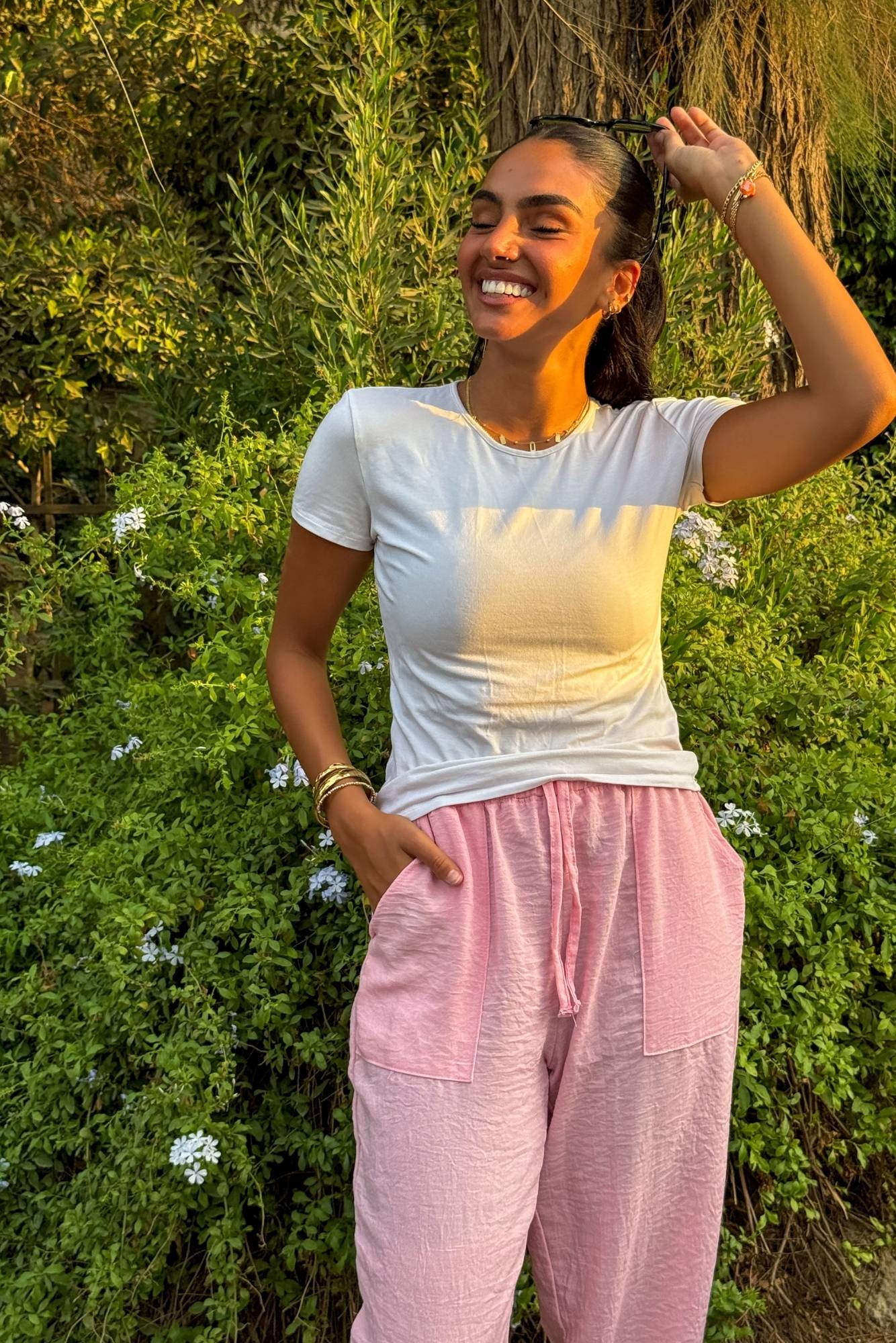 Pink Elastic Linen Pants
