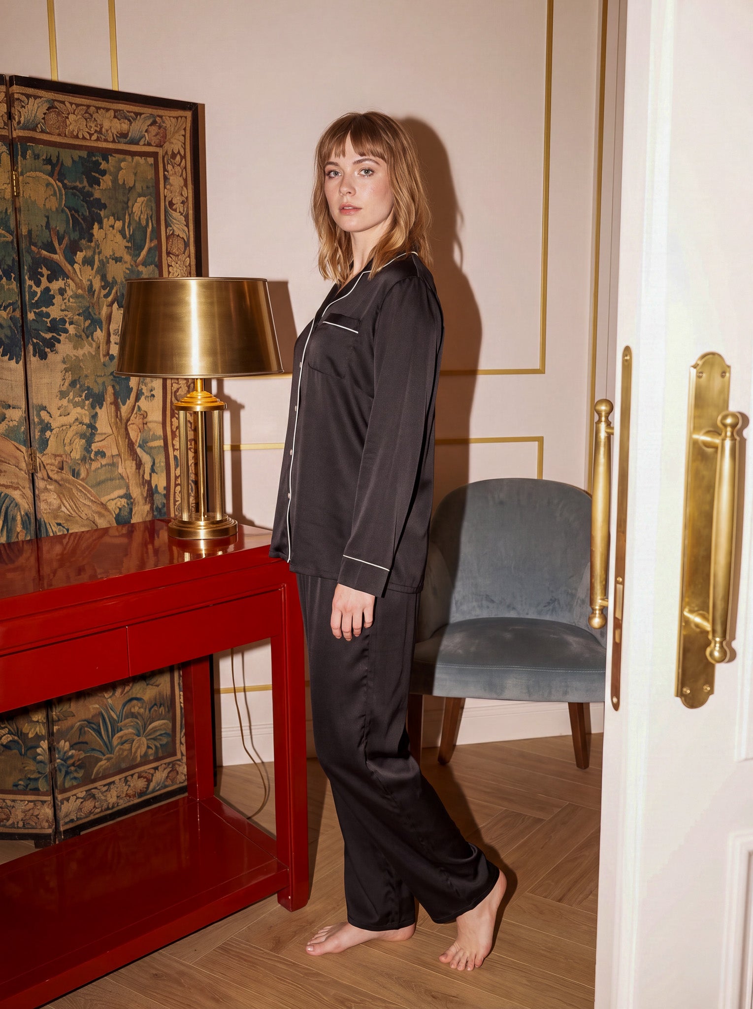 Black Satin Pajama Set